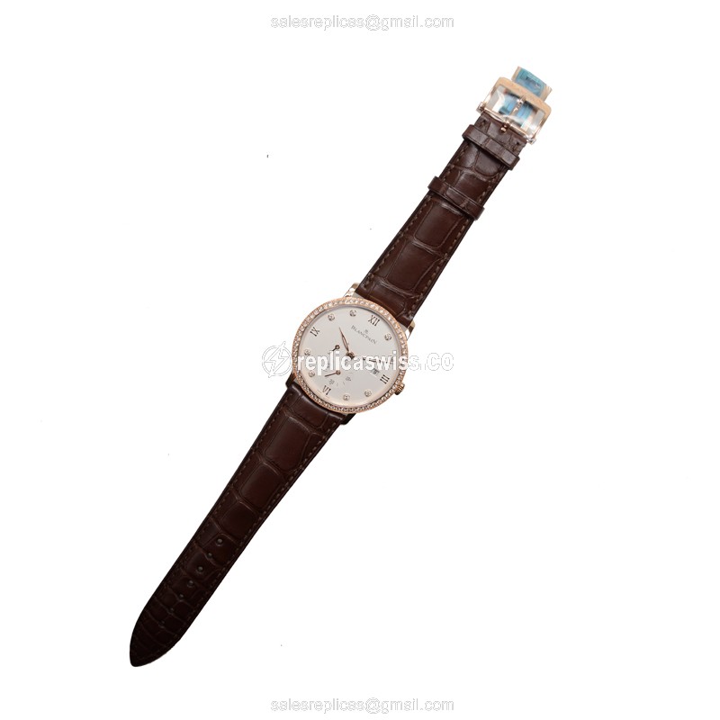 Blancpain Villeret Replica - Manual - 18kt Rose Gold - Diamonds - White Dial - Brown Alligator Strap - View 2
