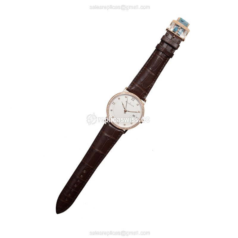 Blancpain Villeret Replica - Automatic - 18kt Rose Gold - Diamond Bezel - White Dial - Brown Alligator Strap - View 2