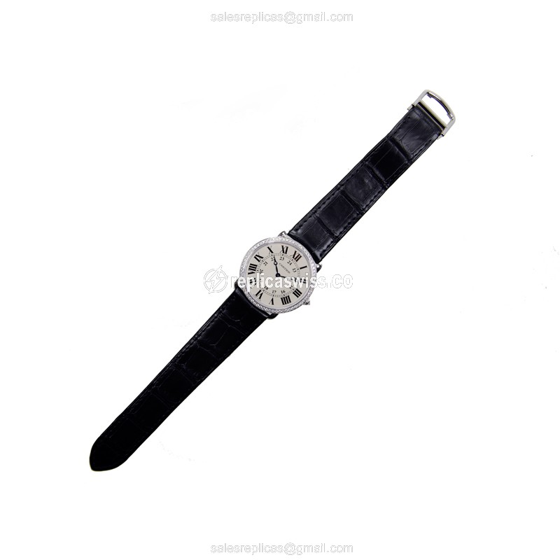 Cartier RONDE LOUIS CARTIER Replica - Manual - 18kt White Gold - Diamond - White Dial - Black Alligator Strap - View 3