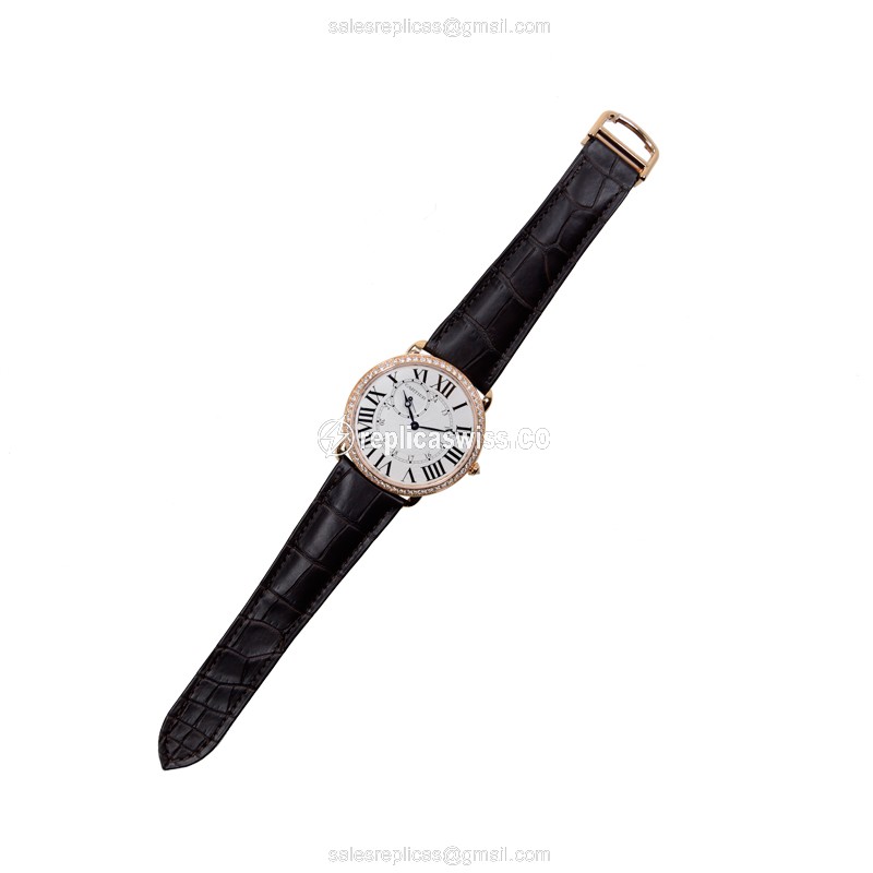 Cartier WR007001 RONDE LOUIS CARTIER - Manual Wind - 18kt Rose Gold - Diamonds - White Dial - Brown Alligator Strap - View 2