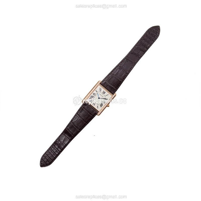 Cartier WT200005 TANK Replica - Manual - 18kt Rose Gold - Diamond - White Dial - Alligator Brown Strap - View 2