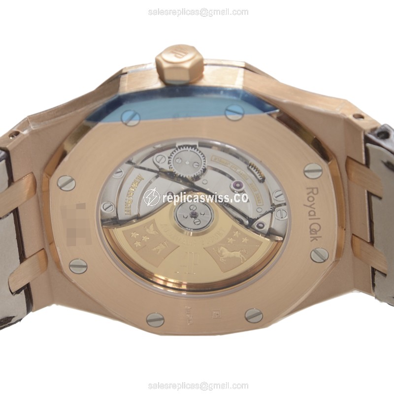 Rolex ROYAL OAK Replica - Automatic - 18kt Rose Gold - Silver Dial - Brown Alligator Strap - View 4