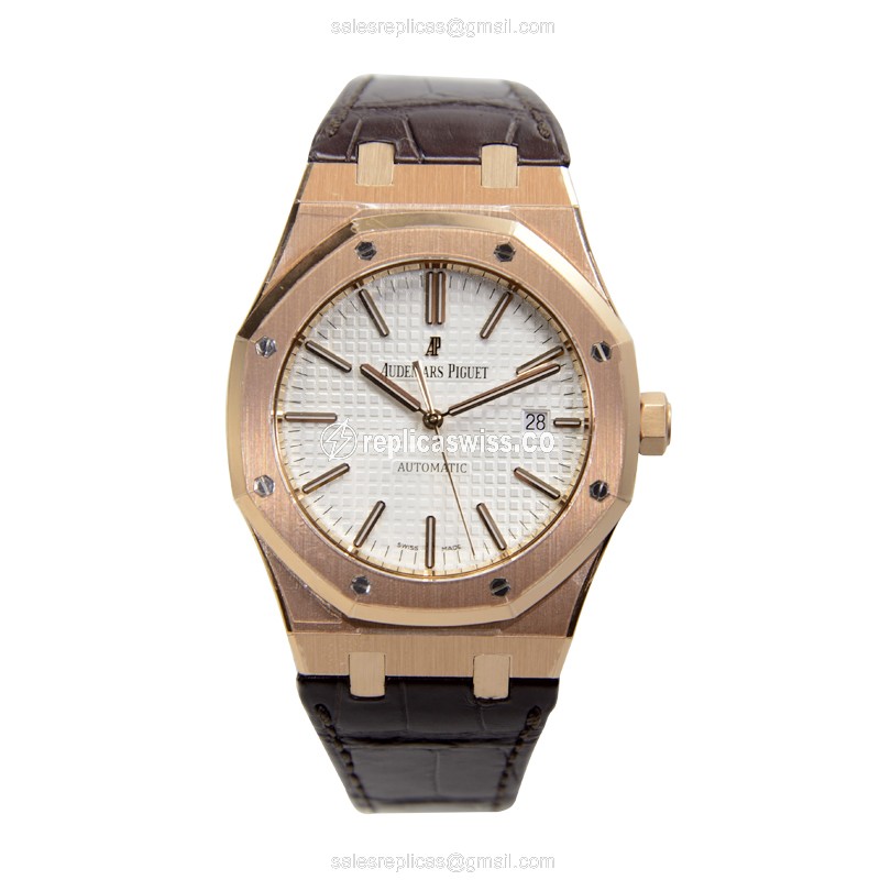 Rolex ROYAL OAK Replica - Automatic - 18kt Rose Gold - Silver Dial - Brown Alligator Strap - View 2