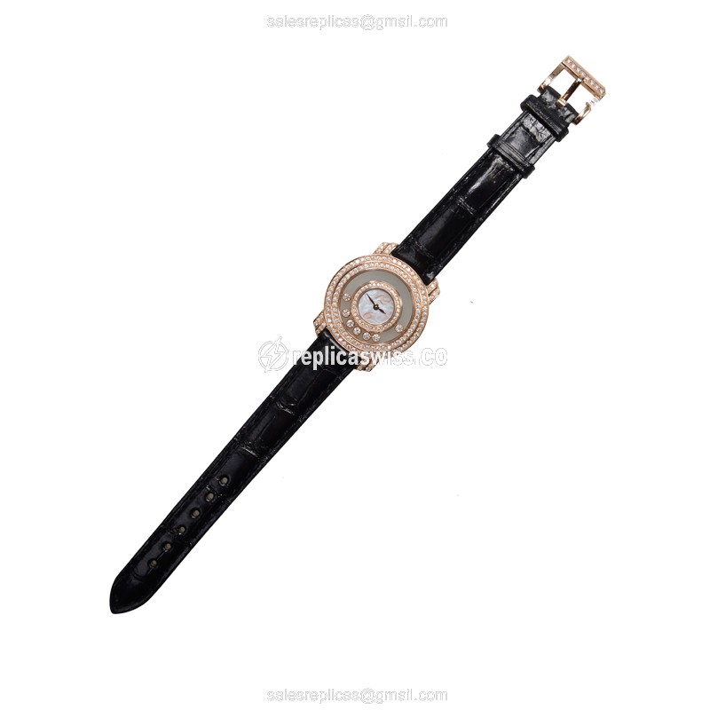 Chopard Happy Diamonds Replica - Quartz - 18kt Rose Gold - White Dial - Brown Alligator Buckle - View 2