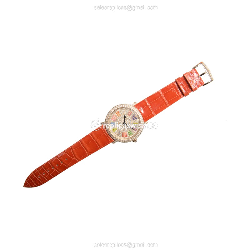 Franck Muller 8041 QZ COL DRM R D CD 5N INFINITY - Quartz - 18kt Rose Gold & Diamonds - Gold Dial - Buckle Clasp - Orange Alligator Strap - View 2