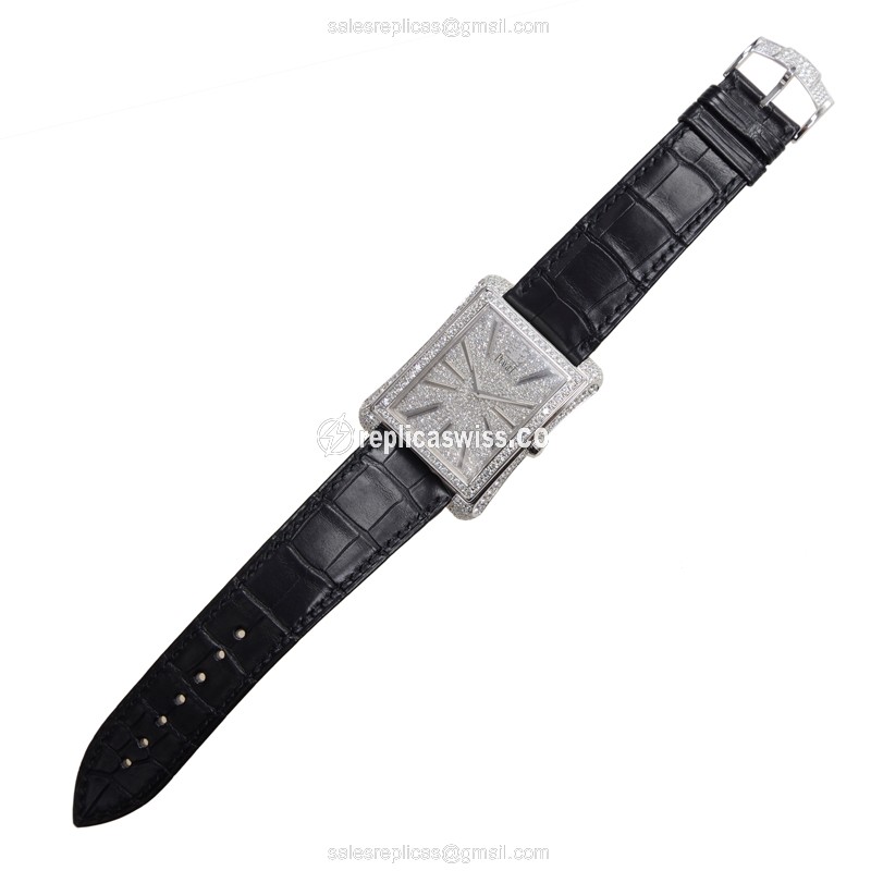 Piaget Replica - EMPERADOR Automatic - 18kt White Gold - Diamond - Silver Dial - Black Alligator Strap - View 2