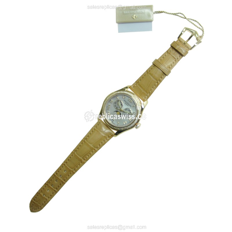 Patek Philippe 4936J-001 Replica - Auto - 18kt Gold - Diamond White Dial - Brown Alligator Buckle - View 2