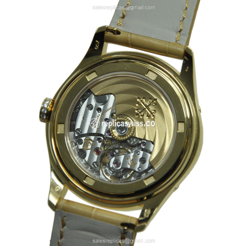 Patek Philippe 4936J-001 Replica - Auto - 18kt Gold - Diamond White Dial - Brown Alligator Buckle - View 3