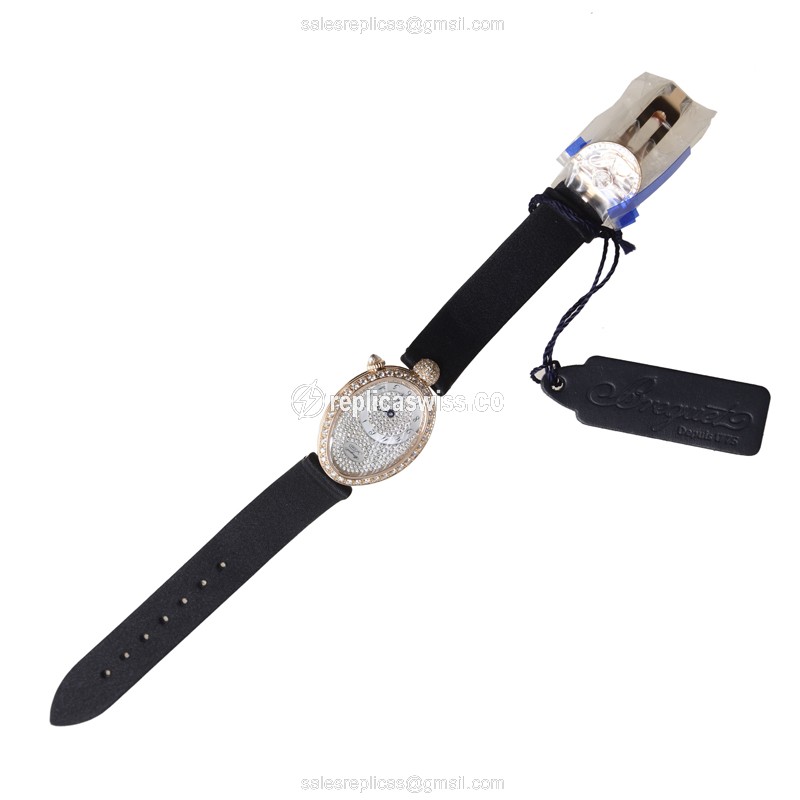Breguet Reine De Naples Replica - Automatic - 18kt Rose Gold - Diamonds - Silver Dial - Black Fabric Strap - View 2