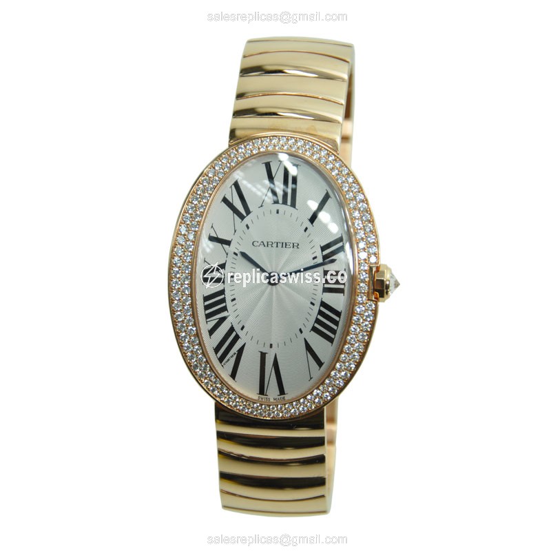 Cartier WB520003 BAIGNOIRE - Manual Wind - 18kt Rose Gold Case - Silver Dial - Gold Strap - View 2