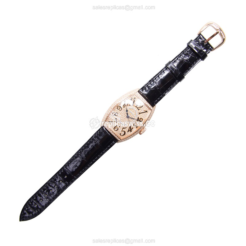 Franck Muller 5850 SC D CD - Auto 18kt Rose Gold & Diamond - Gold Dial - Black Alligator Buckle - View 2