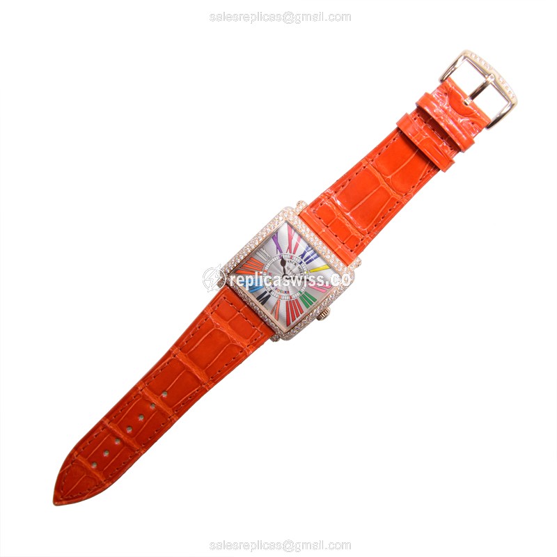 Franck Muller 6002 M QZ COL DRM R D Master Square - Quartz - 18kt Rose Gold - Diamonds - Silver Dial - Orange Alligator Strap - View 2