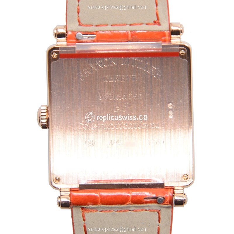 Franck Muller 6002 M QZ COL DRM R D Master Square - Quartz - 18kt Rose Gold - Diamonds - Silver Dial - Orange Alligator Strap - View 3