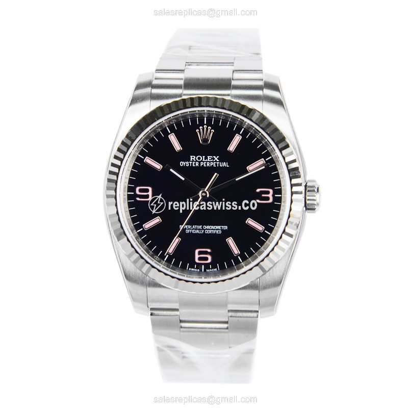 Rolex OYSTER PERPETUAL Replica - Automatic - Black Dial, Silver Clasp & Steel Strap - View 2
