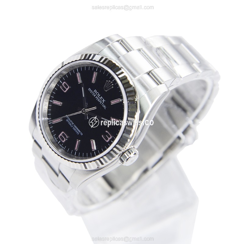 Rolex OYSTER PERPETUAL Replica - Automatic - Black Dial, Silver Clasp & Steel Strap - View 3