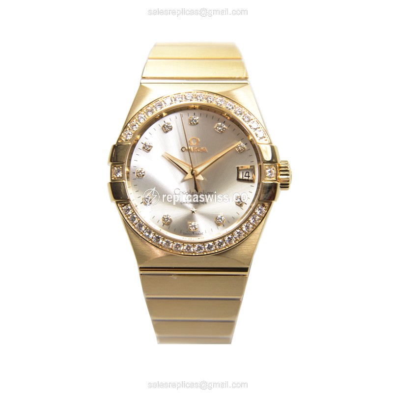 Omega Constellation Replica - Automatic 18kt Gold - Diamond Silver Dial - Gold Strap - View 2