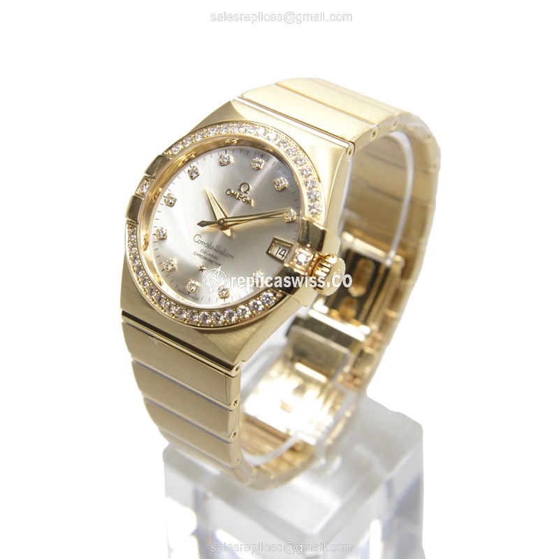 Omega Constellation Replica - Automatic 18kt Gold - Diamond Silver Dial - Gold Strap - View 3