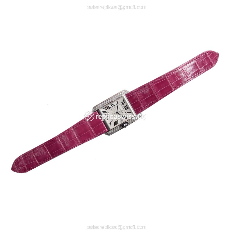 Cartier TANK Replica - Automatic - 18kt White Gold - Diamond - White Dial - Pink Alligator Strap - View 2