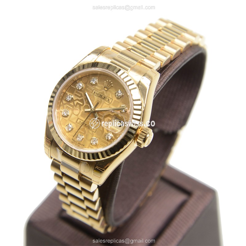 Rolex Lady Datejust Replica - Automatic | Gold Dial | Gold Clasp | Gold Strap - View 3