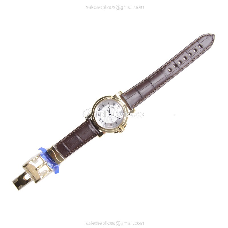 Breguet MARINE 5817BA/12/9V8 Replica - Auto 18kt Yellow Gold - Silver Dial - Brown Alligator - View 2