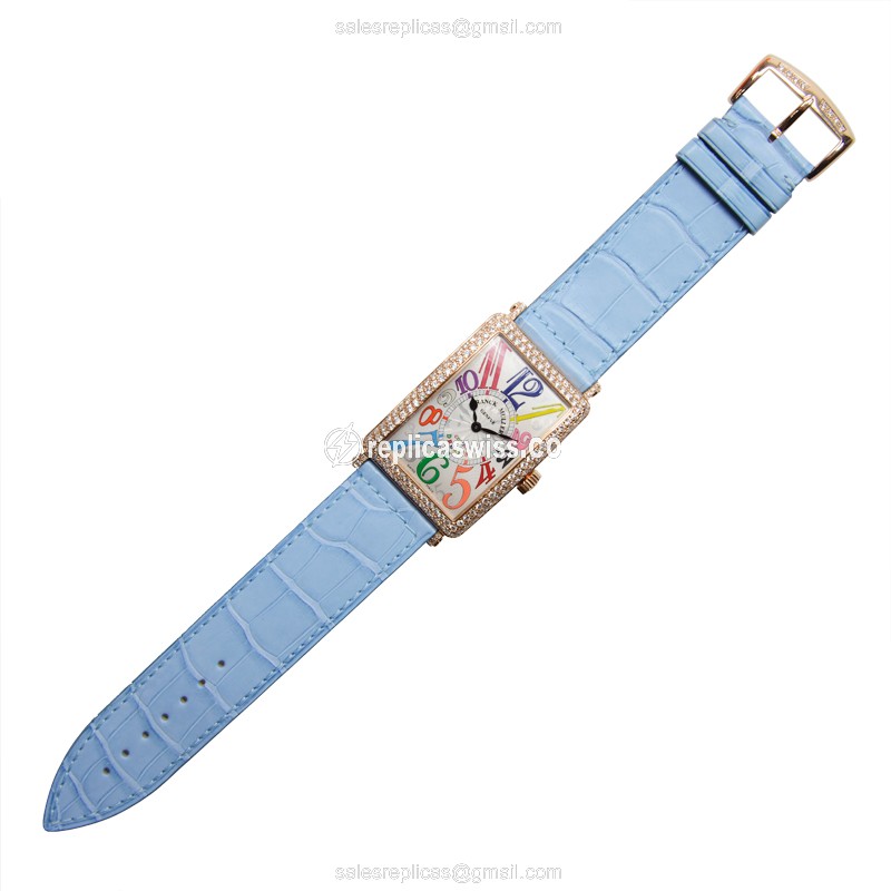 Franck Muller 1002 QZ COL DRM D Replica - Quartz - 18kt Rose Gold - Diamonds - Silver Dial - Blue Alligator Buckle - View 2