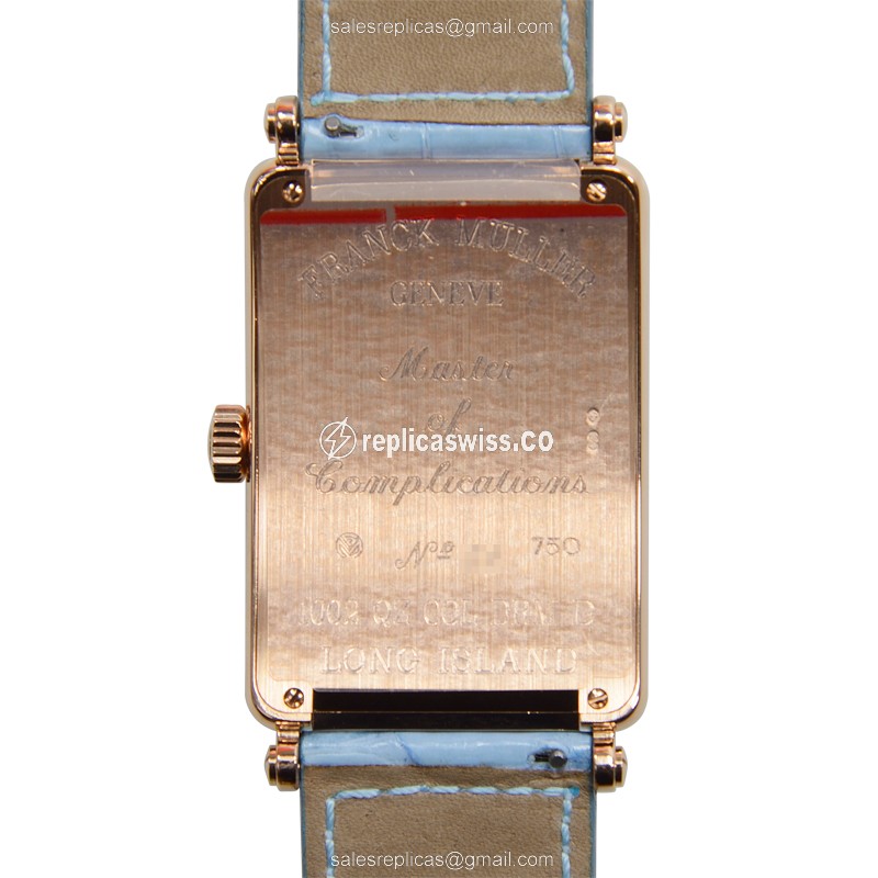 Franck Muller 1002 QZ COL DRM D Replica - Quartz - 18kt Rose Gold - Diamonds - Silver Dial - Blue Alligator Buckle - View 3