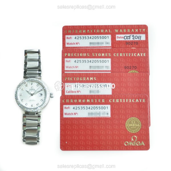 Omega De Ville Replica - Automatic - Stainless Steel Case - Diamonds - Silver Dial - Steel Band - View 4