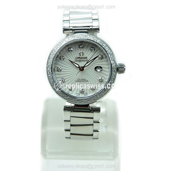 Omega De Ville Replica - Automatic - Stainless Steel Case - Diamonds - Silver Dial - Steel Band - View 2