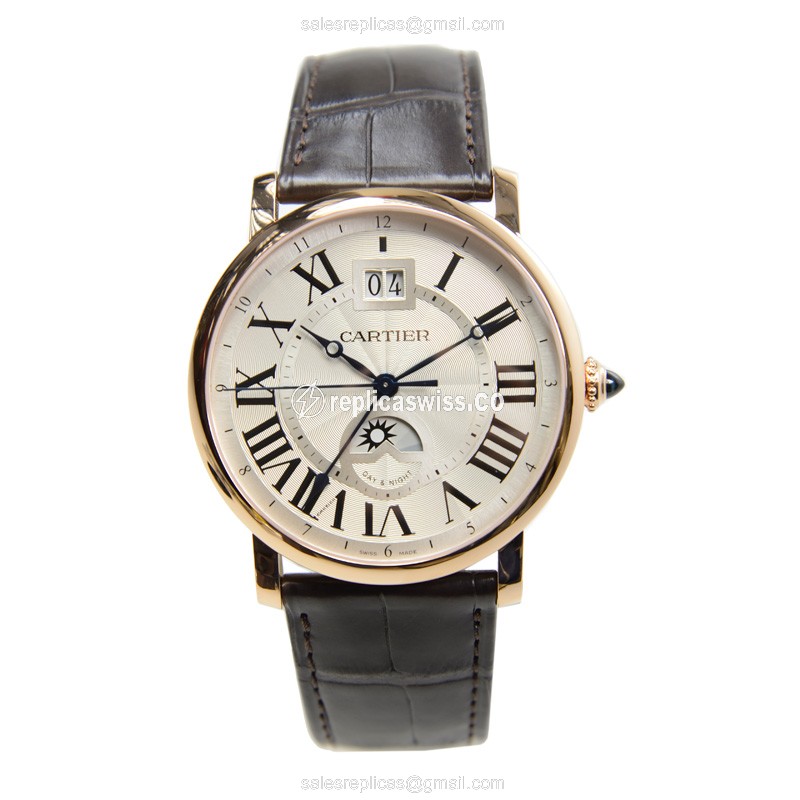 Cartier Rotonde Replica - Automatic - 18kt Yellow - White Dial - Alligator Brown - View 2