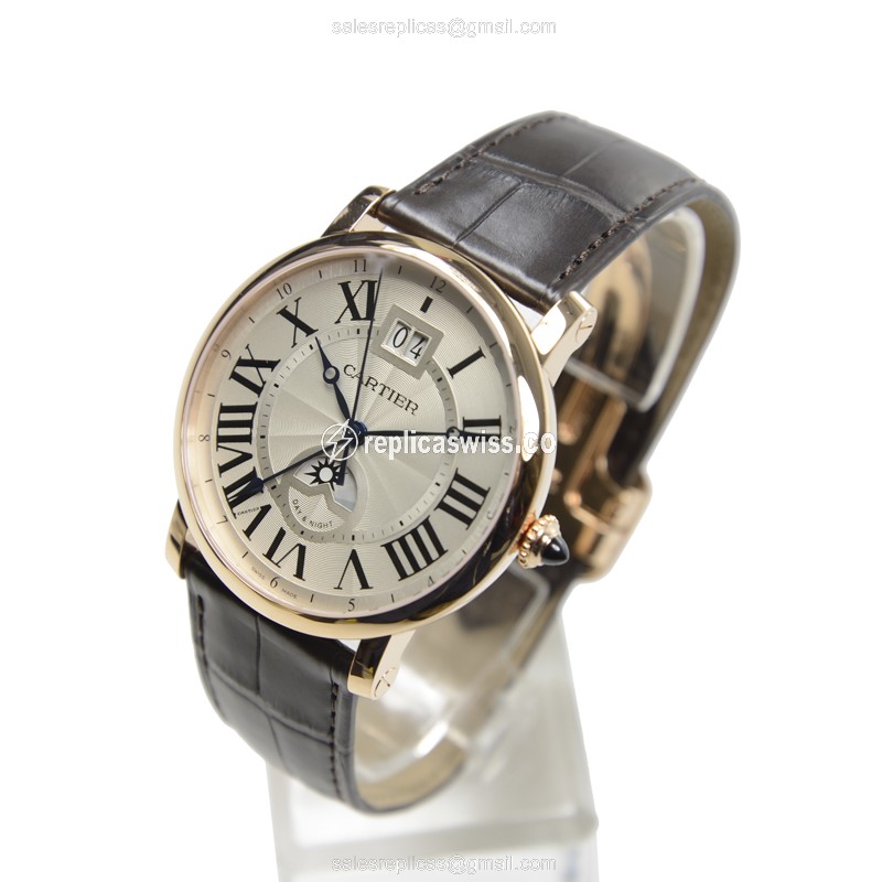 Cartier Rotonde Replica - Automatic - 18kt Yellow - White Dial - Alligator Brown - View 3