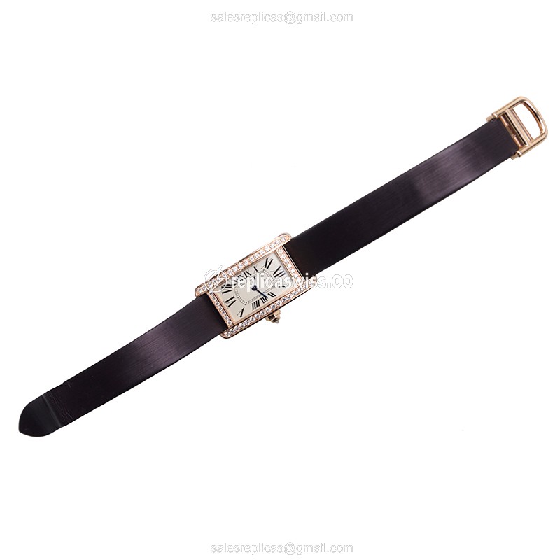 Cartier TANK WB707931 Quartz - 18kt Rose Gold Case - White Dial - Silk Black Strap - View 2
