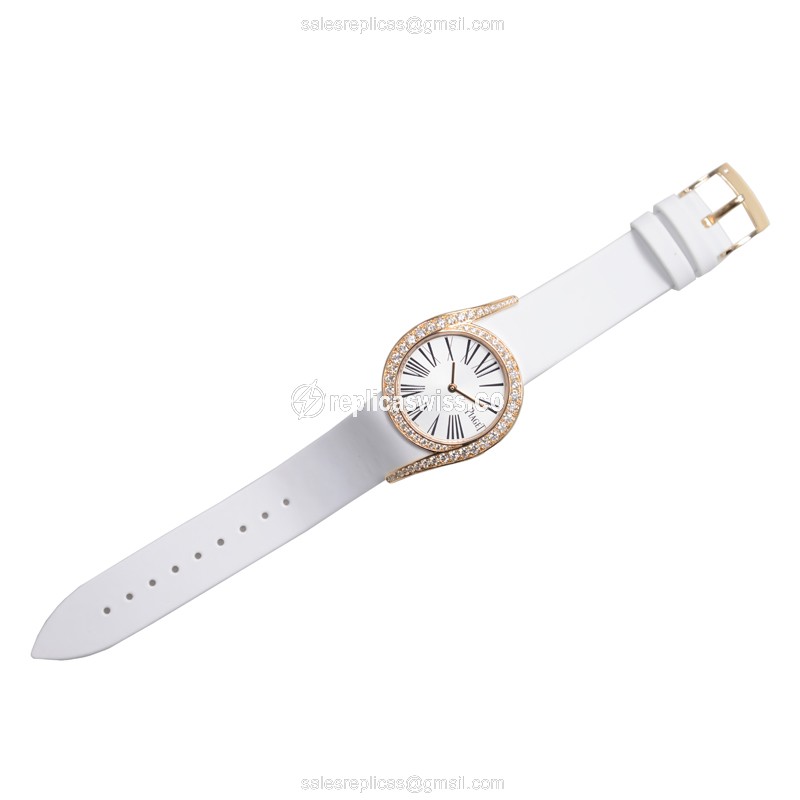 Piaget Limelight Replica - Quartz - Rose Gold Case - Diamonds - Silver Dial - White Satin Strap - View 2