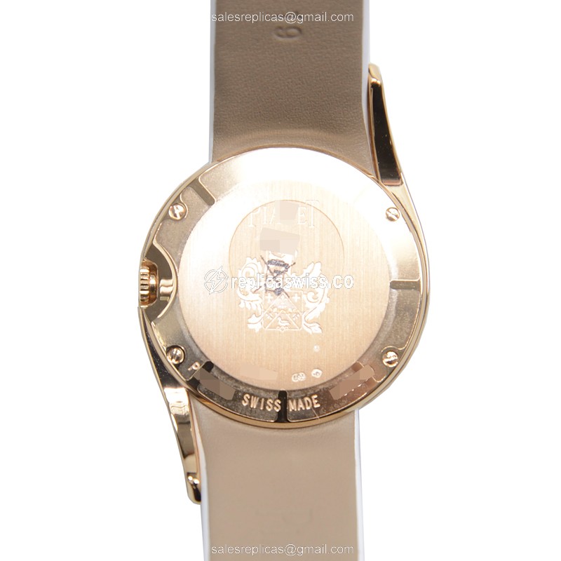 Piaget Limelight Replica - Quartz - Rose Gold Case - Diamonds - Silver Dial - White Satin Strap - View 3