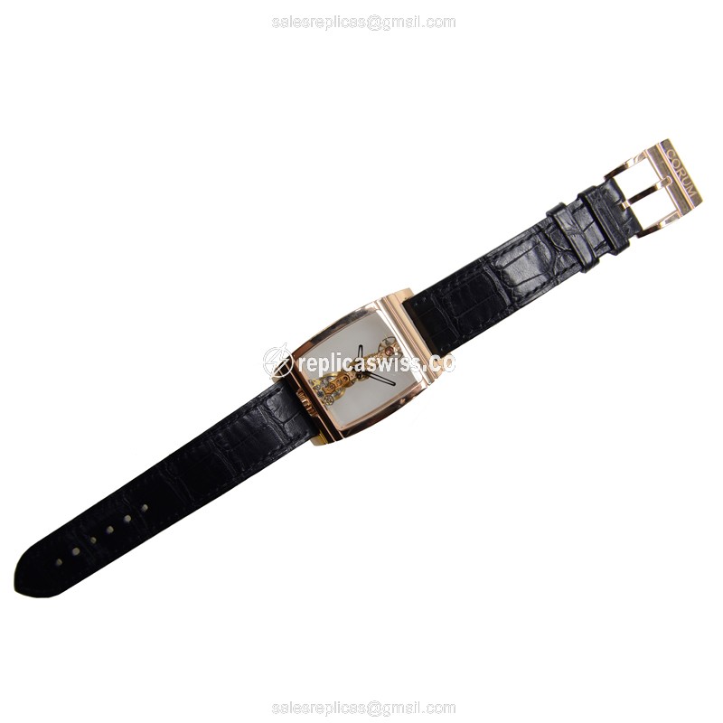 Corum BRIDGE Replica - Manual - 18kt Rose Gold - Skull Dial - Brown Alligator Buckle - View 2