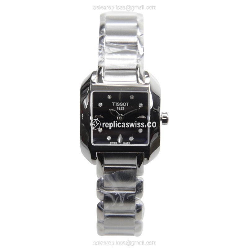 Tissot T-LADY Quartz - Black Dial - Steel Case - Silver Strap - Clasp - View 2