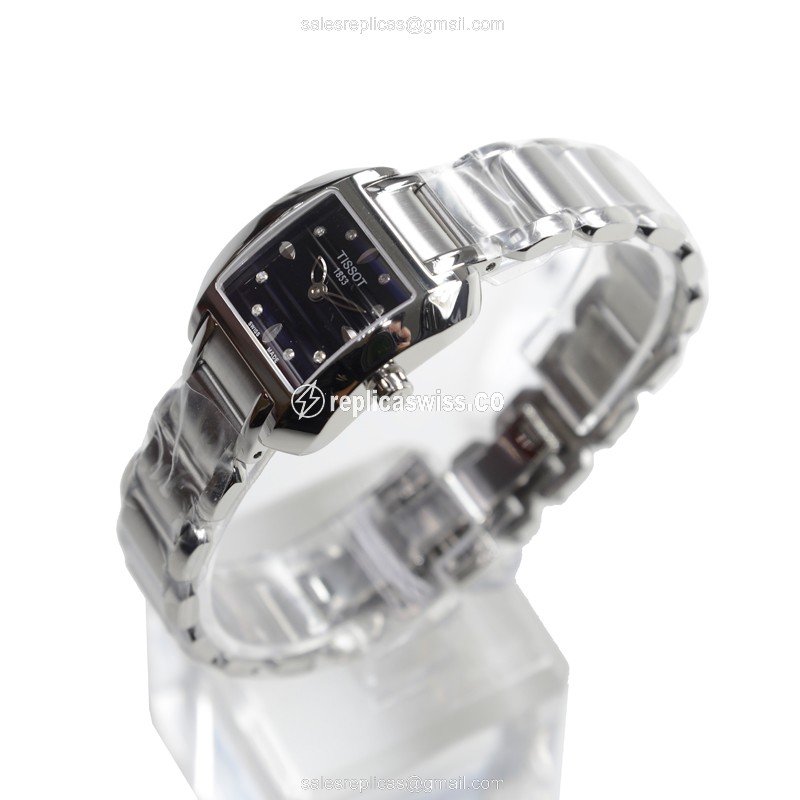 Tissot T-LADY Quartz - Black Dial - Steel Case - Silver Strap - Clasp - View 3