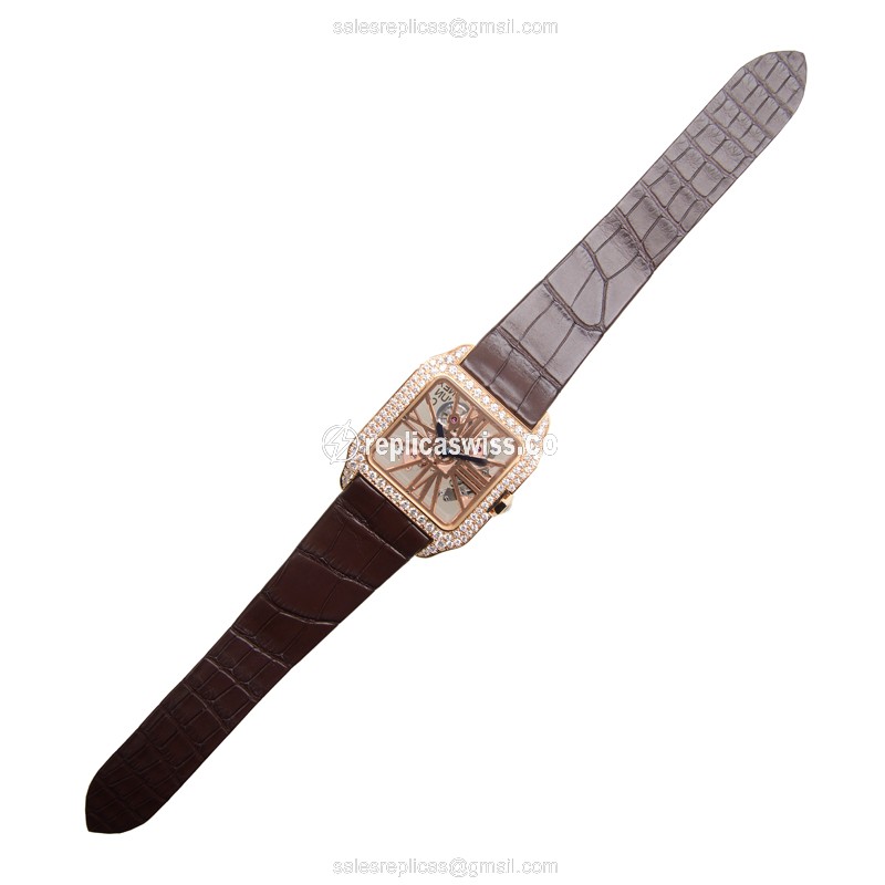 Cartier Santos Replica - Manual Wind - 18kt Rose Gold Case - Diamond Skull Dial - View 2