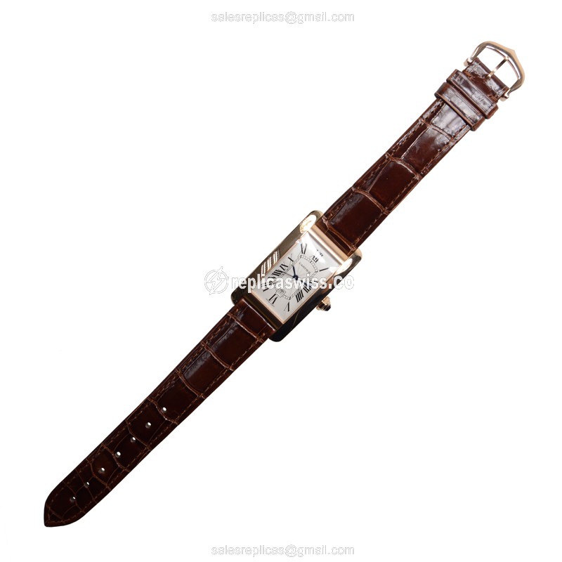 Cartier TANK Replica - Auto - 18kt Rose Gold - White Dial - Brown Alligator Strap - View 2