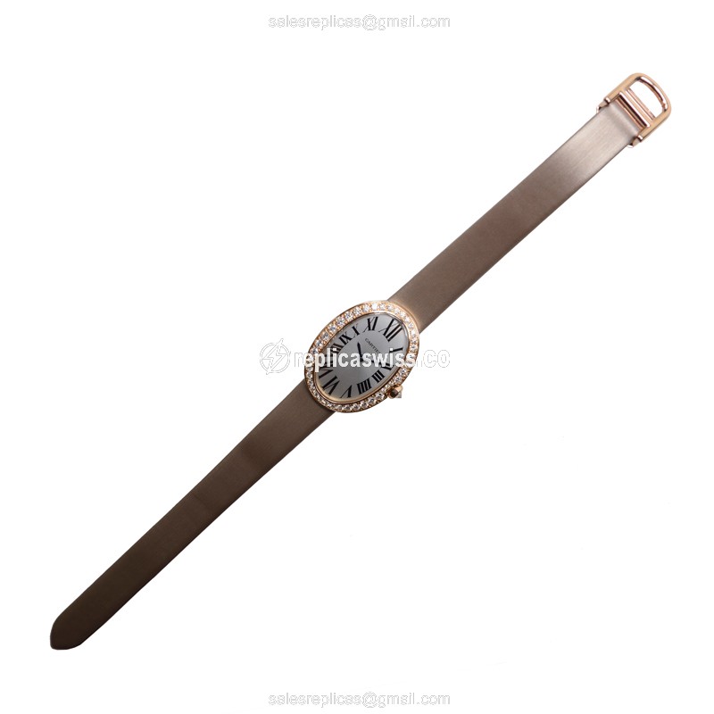 Cartier Baignoire Quartz 18kt Rose Gold & Diamonds - White Dial - Gold Satin Strap - Clasp - View 2