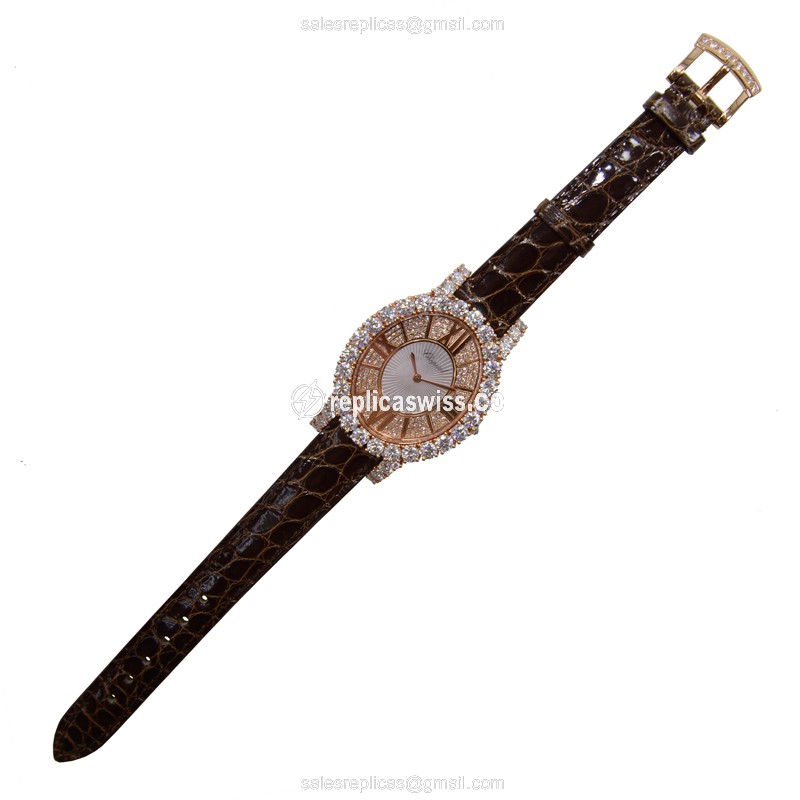 Chopard Happy Sport Quartz 18kt Rose Gold & Diamond - Buckle Clasp - Brown Alligator Strap - View 2