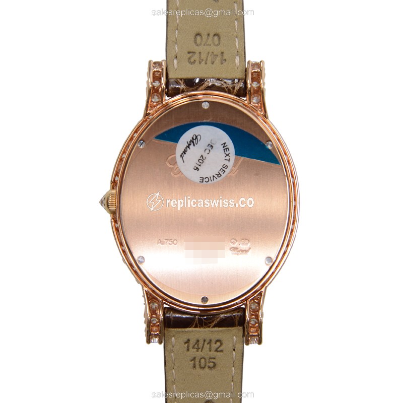 Chopard Happy Sport Quartz 18kt Rose Gold & Diamond - Buckle Clasp - Brown Alligator Strap - View 3