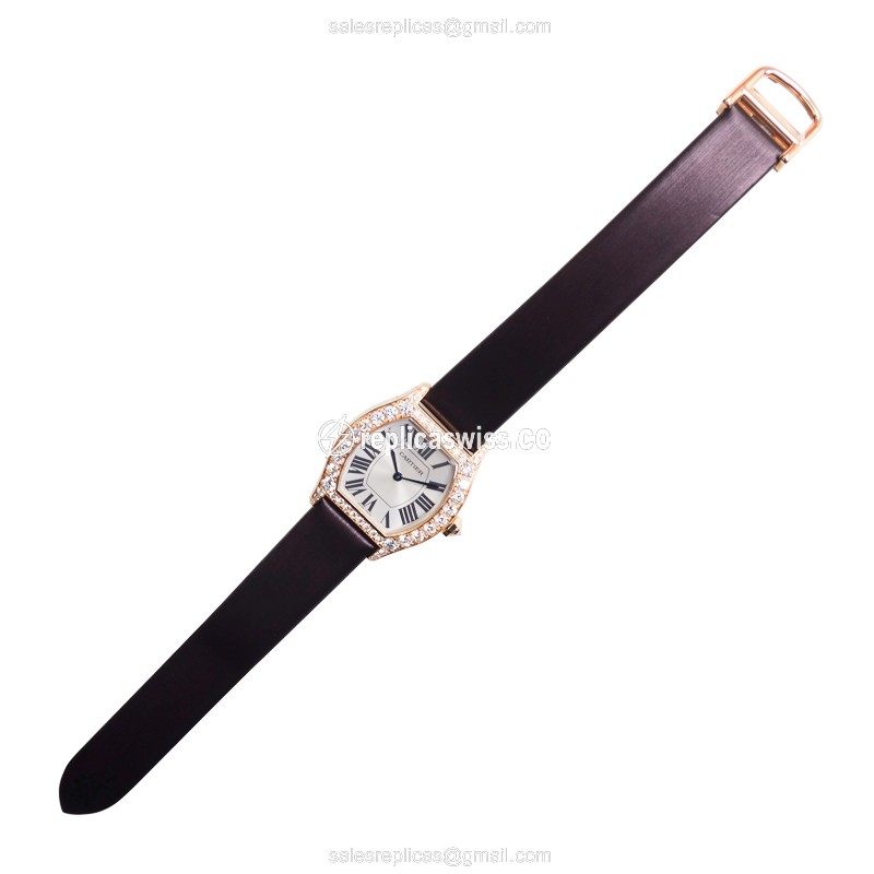 Cartier Tortue Replica - Manual - 18kt Rose Gold - Diamonds - White Dial - Black Satin Strap - View 2