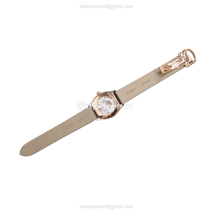 Cartier Tortue Replica - Manual - 18kt Rose Gold - Diamonds - White Dial - Black Satin Strap - View 4