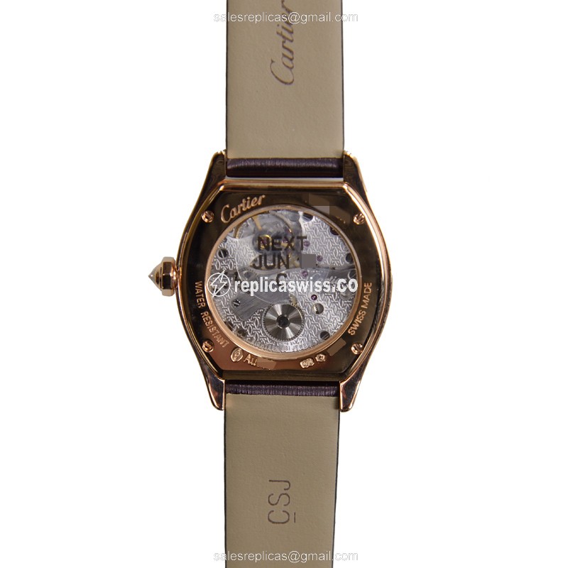 Cartier Tortue Replica - Manual - 18kt Rose Gold - Diamonds - White Dial - Black Satin Strap - View 3