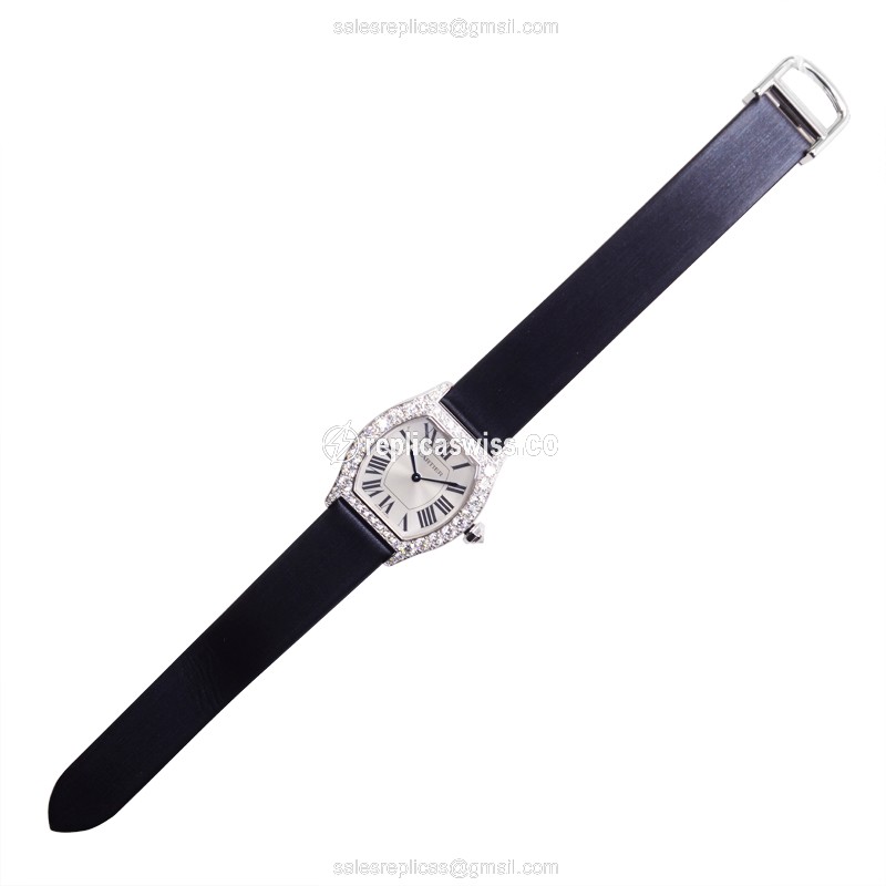 Cartier Tortue Replica - Manual - 18kt White Gold - Diamond - White Dial - Black Satin Strap - View 2