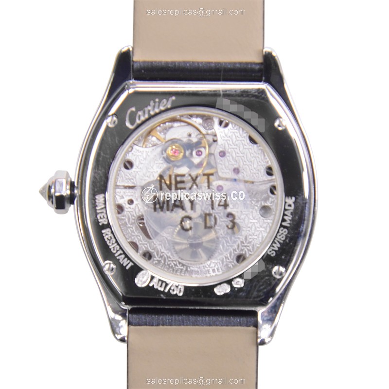 Cartier Tortue Replica - Manual - 18kt White Gold - Diamond - White Dial - Black Satin Strap - View 3