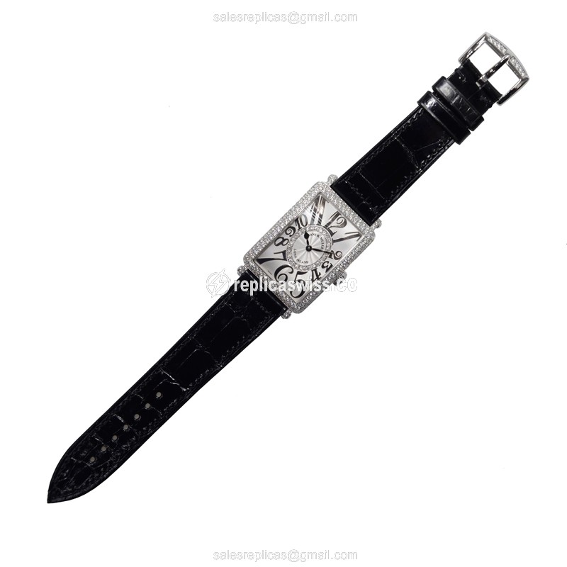 Franck Muller 952QZDREL LONG ISLAND - Quartz - 18kt White Gold - Diamond - Silver Dial - Black Alligator Buckle - View 2