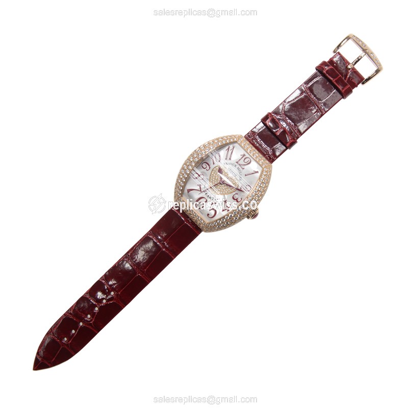 Franck Muller 5000 H SC D3 1P Heart Automatic - Rose Gold Case - Diamond Silver Dial - Red Alligator Strap - View 2