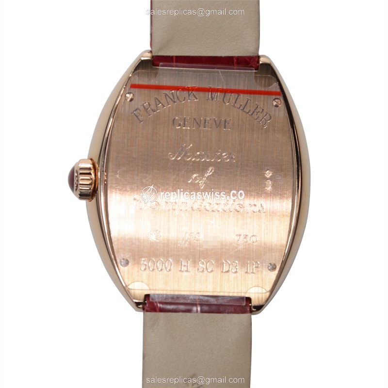 Franck Muller 5000 H SC D3 1P Heart Automatic - Rose Gold Case - Diamond Silver Dial - Red Alligator Strap - View 3
