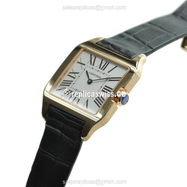 Cartier Santos Replica - Quartz - 18kt Rose Gold - White Dial - Brown Alligator Strap - View 2